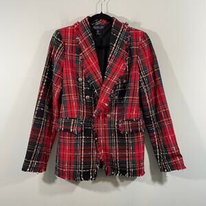 Rachel Zoe Plaid Metallic Thread Tweed Double Breasted Fray Edge Blazer Size S